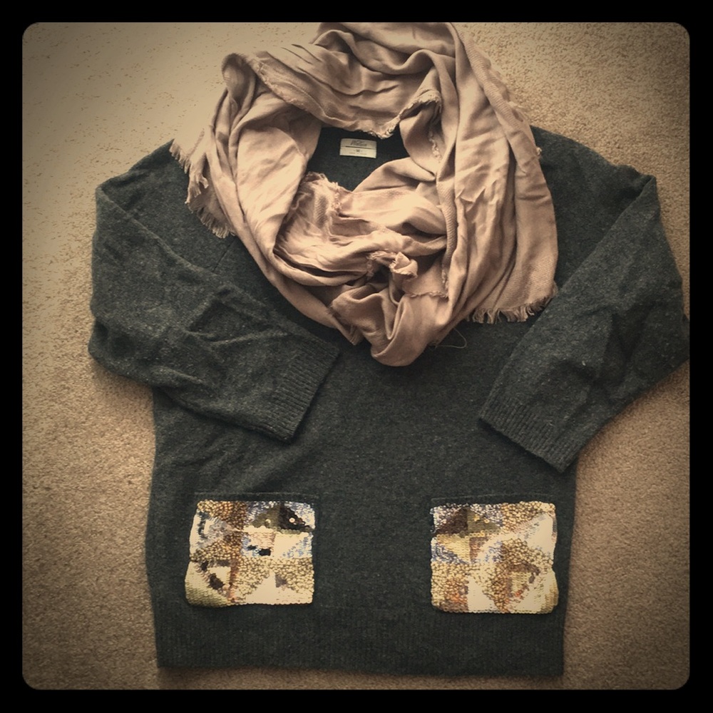 Madewell 100%WOOL 3/4 sleeve sequin pocket sweater